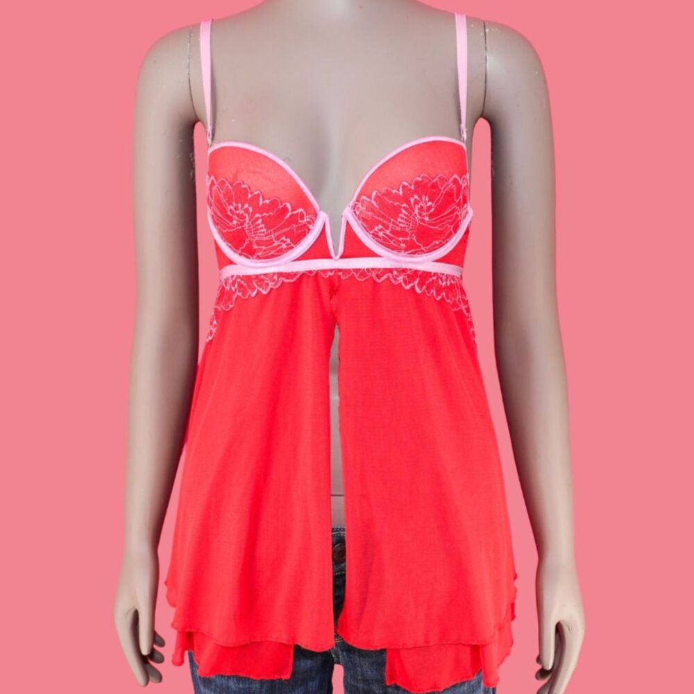 Red Mesh Babydoll Top Lace Floral Underwire Cami Coquette Y2K‎ Bridal Sheer XS